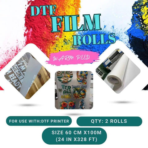 DTF Transfer Film Roll Hot Peel 24x328ft Clear PET Heat Transfer Paper with roll and printed textiles.