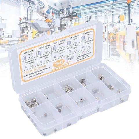 55 Piece Metric Threaded Insert Kit With Thread Reducer Nuts For Metal Repair And Mechanical Assembly M2 M2.5 M3 Stainless Steel