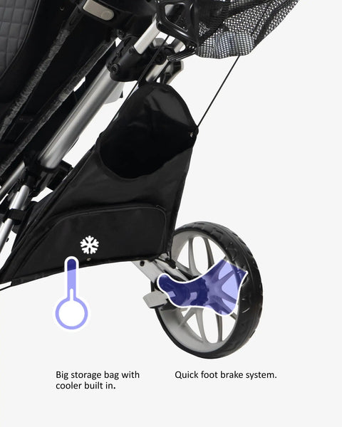 Ez V8 3-Wheel Golf Push Cart With Patented One-Click Fold, blue, featuring storage bag with cooler and foot brake on rear wheel.