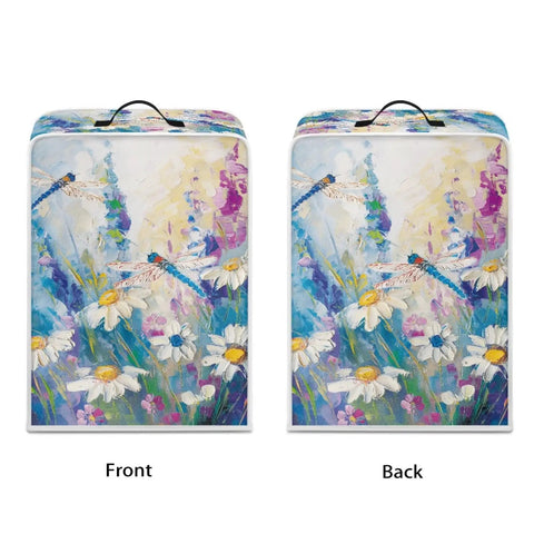 Slick Dragonfly Daisy Print Kitchen Appliance Cover With Heavy Duty Carry Handle Totally Dust Proof And Waterproof Polyester Shield for coffee makers and mixers, front and back views.