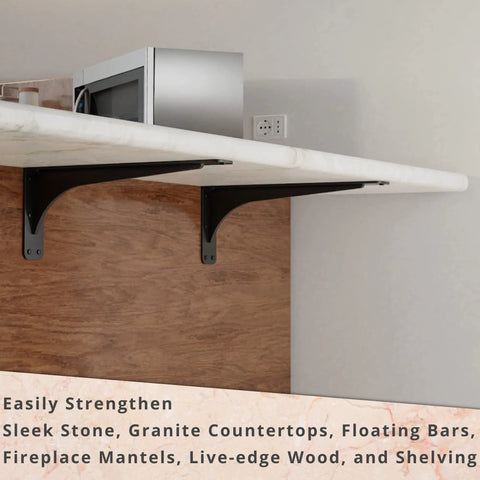 Gladiator Series Low Profile Heavy Duty Shelf Brackets 500 Lb Capacity supporting granite countertop, discreet design.