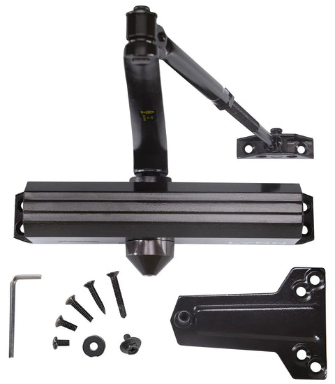 Beefy Heavy Duty Commercial Door Closer For High Traffic Entrances Adjustable Size 1 To 6 Surface Mounted Grade 1 ADA UL 3 Hour Fire Rated Fits Aluminum Storefronts Up To 330 Lbs Cast Aluminum Body With Wrought Steel Arm Dark Bronze with installation screws