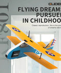 Blue and yellow Retro Biplane RC Plane for kids and adults with two point four GHz remote control on display indoors