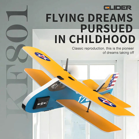 Blue and yellow Retro Biplane RC Plane for kids and adults with two point four GHz remote control on display indoors