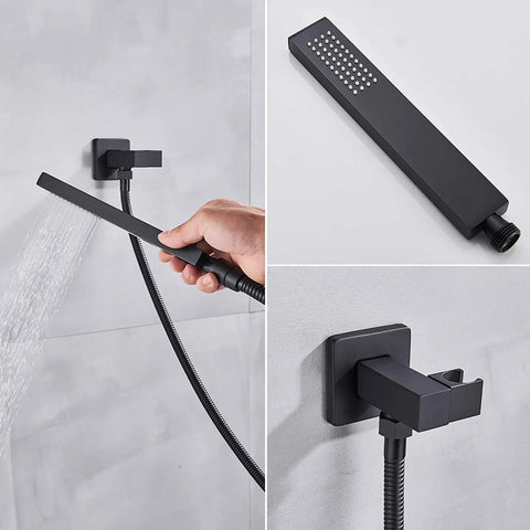 Badass Matte Black Wall Mount Shower Combo With Thermostatic Dial And Air Boost Tech, handheld sprayer in use.