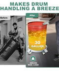Before and after showing Built Like A Tank 30 Gallon Drum Dolly With 400 Pound Capacity in use with smooth swivel casters.