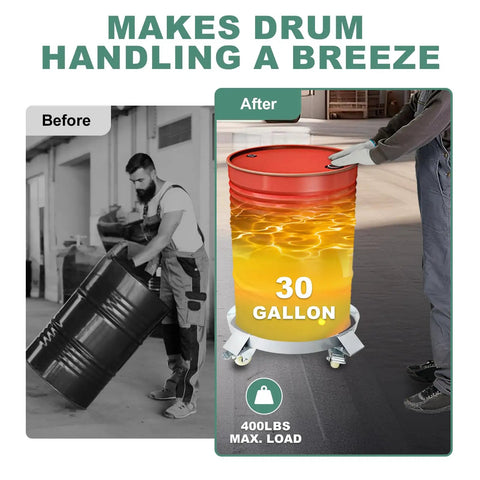Before and after showing Built Like A Tank 30 Gallon Drum Dolly With 400 Pound Capacity in use with smooth swivel casters.
