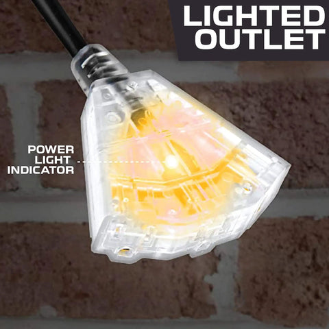Lighted outlet of Heavy Duty 12 Gauge Extension Cord With Multi Outlets 100 Foot Black Oil Resistant Jacket, showing power indicator.