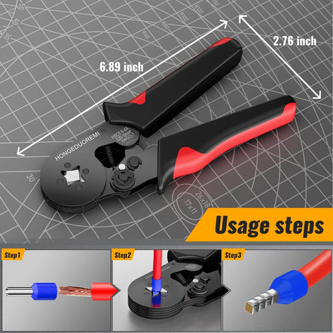 Pro Grade No-Fuss Self-Adjusting Wire Ferrule Crimp Tool Kit with 1800 Pcs Ferrule Terminals shown with usage steps.