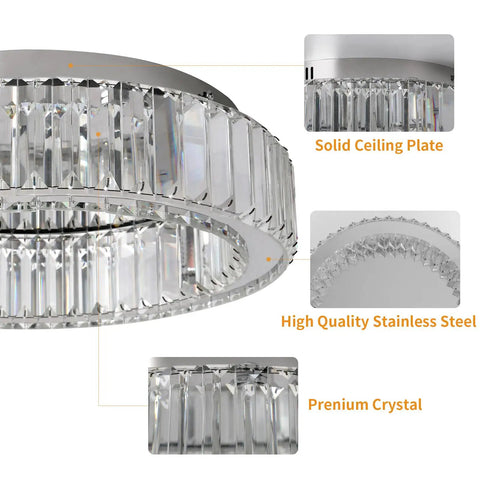Detailed view of Crystal Ceiling Light Chandelier LED Flush Mount With Three Color Temperatures, showcasing premium crystal and solid ceiling plate.