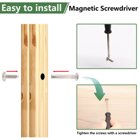 130 Piece M4 Furniture Connector Bolts And Cap Nuts Kit installation with magnetic screwdriver on wood panels.