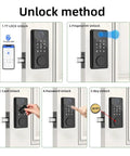 Solid Pro Smart Fingerprint Deadbolt Lock With Straight Up Auto Lock Integration Magnetic Door Sensor unlock methods including app, fingerprint, and key options.