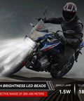 Motorcyclist using Kickass Brightness 12V-80V LED Headlight for Motorcycles, Electric Bikes and Trikes on a curving road