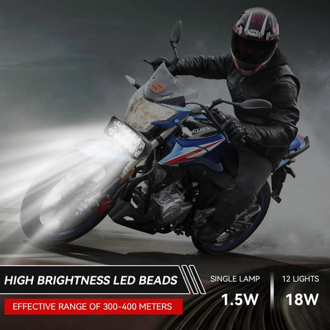 Motorcyclist using Kickass Brightness 12V-80V LED Headlight for Motorcycles, Electric Bikes and Trikes on a curving road