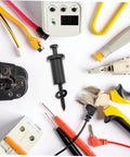 Variety of electrical tools and devices arranged on a white background, including pliers, cutters, and a measuring meter.