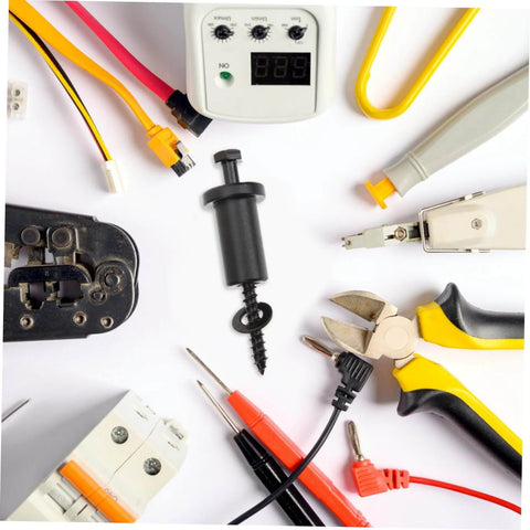 Variety of electrical tools and devices arranged on a white background, including pliers, cutters, and a measuring meter.
