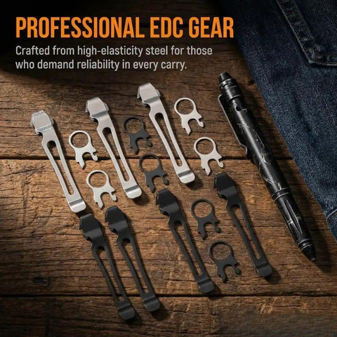 One Pack Pocket Clip And Lanyard Ring Set For Surge Wave Plus Charge AL ALX Ti TTi XTi Multi Tool displayed on wood surface