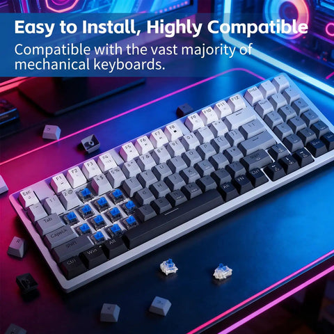 Blue 30 Pack Mechanical Keyboard Switches 3 Pin Dustproof Clicky Tactile For Gaming And Typing DIY Build Kits For Custom Keyboards And 3D Printing Projects installed on a mechanical keyboard
