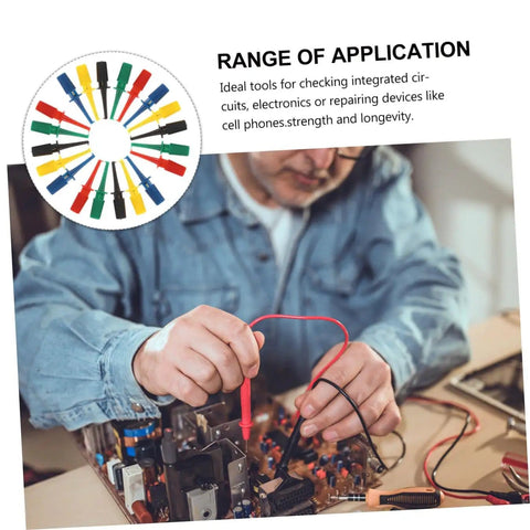 Person using Color Coded Test Clip Probes For Multimeter Set 20 PCS Mini Grabber Leads Spring Loaded Clips For Electronics Repair