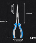 Long Reach Needle Nose Pliers Seven Inches Slim Extra Long Nose Pliers, dimensions 185 x 54.5 x 14.5 mm, on black background.
