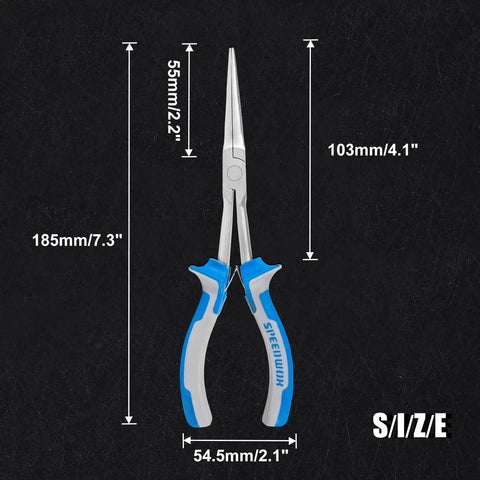 Long Reach Needle Nose Pliers Seven Inches Slim Extra Long Nose Pliers, dimensions 185 x 54.5 x 14.5 mm, on black background.
