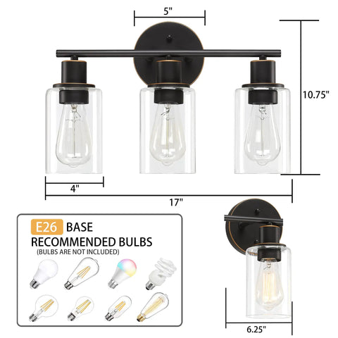 Three-Light Slick Oil Rubbed Bronze Bathroom Vanity Light With Clear Glass Shades, E26 base, dimensions 17"W x 10.75"H x 6.25"D