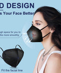 Woman wearing a Black KN95 Face Masks 30 Pack, 5 Ply Breathable Comfort Cup Style Dust Safety Masks For PM2.5, highlighting 3D design fit.