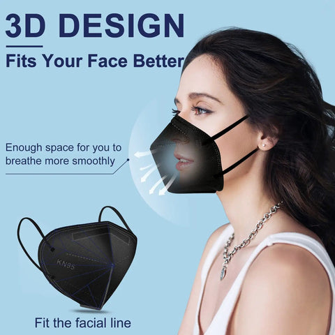 Woman wearing a Black KN95 Face Masks 30 Pack, 5 Ply Breathable Comfort Cup Style Dust Safety Masks For PM2.5, highlighting 3D design fit.