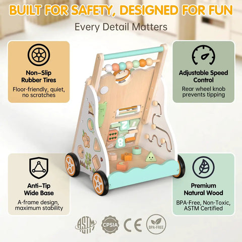 Hella Sturdy Wooden Baby Walker With Ten Interactive Montessori Activities Bead Maze Xylophone And Mirror Completely Legit Push Cart For Toddler Balance And Skill Building Fun with adjustable speed control and anti-tip design.