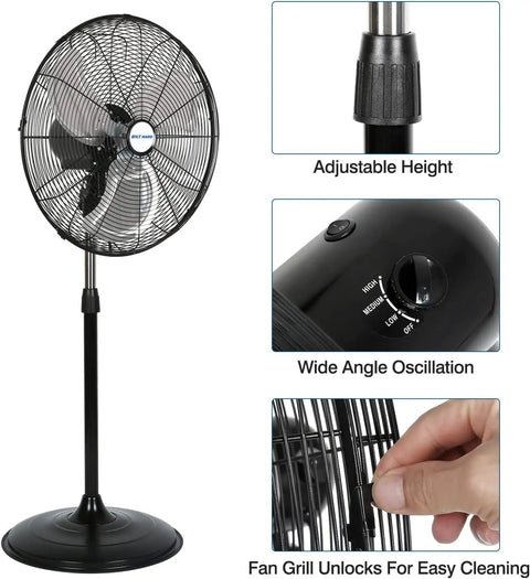 20 Inch High Velocity Pedestal Fan Two Pack With Aluminum Blades Beefy Industrial Oscillating Standing Fan 3 Speed PSC Motor