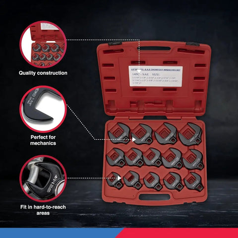 Crowfoot Wrench Set 1/2 Inch Drive SAE Jumbo Size 1-1/16 to 2 Inch Cr-Mo 14 Piece for Heavy Machinery in red case