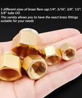 Hand holding 5-piece Brass Flare Cap Set for Compression Stop Valves with tubing sizes 1/4" to 5/8", ideal for DIY gas fittings.