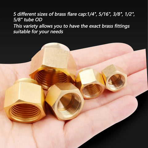 Hand holding 5-piece Brass Flare Cap Set for Compression Stop Valves with tubing sizes 1/4" to 5/8", ideal for DIY gas fittings.