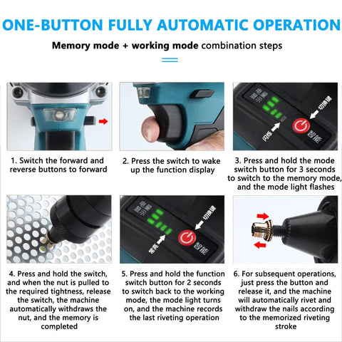 Cool Cordless Rivet Nut Gun With Huge 5200mA Battery For M3 To M12 Metric Fasteners. operation display and controls