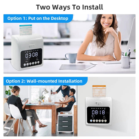 Foolproof Plug And Play Time Clock With Secure Passcode Lock For Small Business Featuring Auto Align Punch Machine in desktop and wall-mount options.
