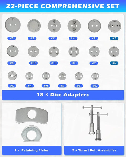 DAYUAN disc brake caliper piston rewind tool kit, 22-piece set with 18 disc adapters and 2 retaining plates
