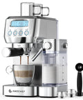 Top Shelf Espresso Machine With Auto Milk Frother, Pulls Dime Perfect Crema On 20 Bar Pressure, Smart Temp Control For Real Deal Home Coffee Setups In Sleek Silver with glass cup.