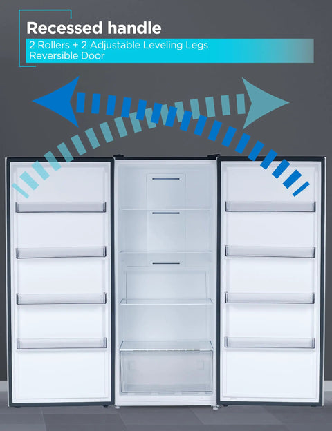 No Sweat Setup 21 Cubic Feet Convertible Freezer And Refrigerator Stand Up Cabinet showing recessed handle and adjustable leveling legs.