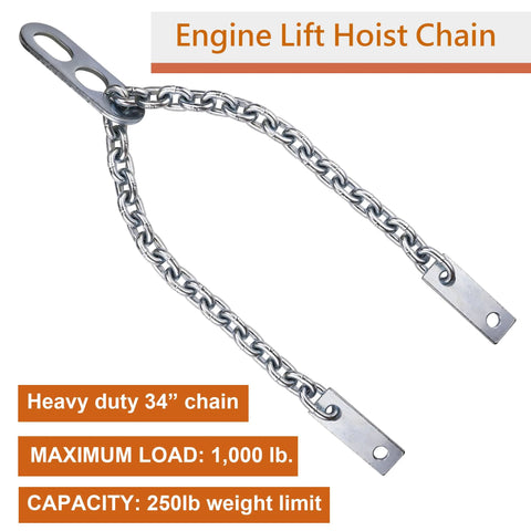 Engine lift chain, 34-inch heavy-duty steel with flat end plates; 1,000 lb max load.