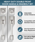 Heavy Duty Double Front Door Handle Set With Square Lever And Single Cylinder Deadbolt For Side By Side Exterior Doors, Satin Nickel Finish, Built Tough Rust-Resistant Zinc Alloy Hardware That Withstands Sun And Humidity