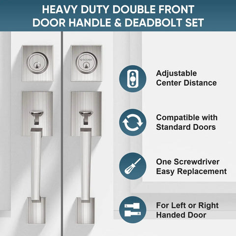 Heavy Duty Double Front Door Handle Set With Square Lever And Single Cylinder Deadbolt For Side By Side Exterior Doors, Satin Nickel Finish, Built Tough Rust-Resistant Zinc Alloy Hardware That Withstands Sun And Humidity