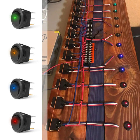 Round LED Toggle Switch 12V Car Truck Rocker On Off Control With 2 Pole SPST Design, 20A DC Circuit, Multicolor LEDs on wood panel