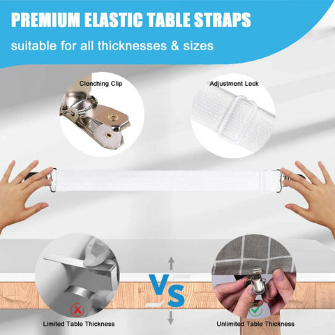 Hidden Strap Tablecloth Clips 5 Pack With Adjustable Elasticity For Indoor And Outdoor Use, showing elastic strap and clamps.