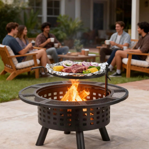 36 Inch Outdoor Fire Pit With Grill And Lid Wood Burning Fire Pit Table 3 In 1 Metal Fire Pit With Cooking Grate And Fire Poker For Bonfire Yard BBQ Jet Black in use with people in background