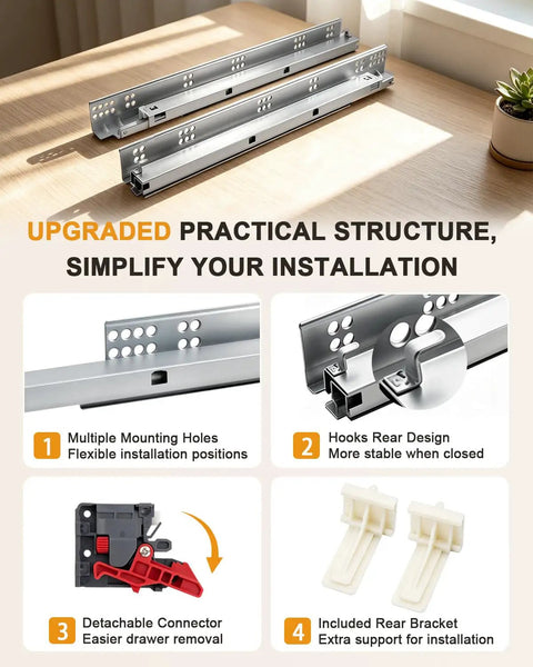 18 Inch Soft Close Undermount Drawer Slides 2 Pairs With Concealed Rear And Bottom Mount Rails Extension, cold rolled zinc plated steel