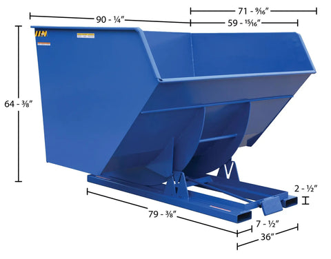 Heavy Duty Steel Self Dumping Hopper Forklift Tote Bucket Attachment Five Cubic Yards Six Thousand Lb Capacity Automatic Side Dumper side view with dimensions.