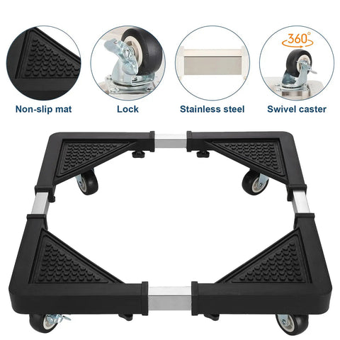 Adjustable Appliance Dolly Base With Four Locking Casters For Moving Washers Dryers Mini Fridges And Storage Units, non-slip mat and swivel casters.