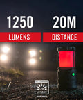 Dual Color LED Emergency Light 1250 Lumens, Storm Proof and Outdoor Ready showcasing red light mode at night