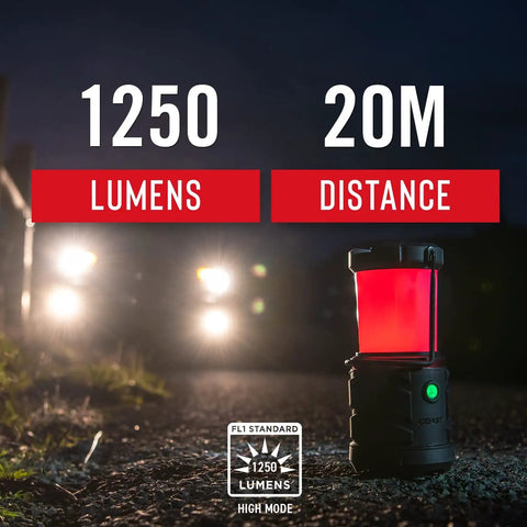 Dual Color LED Emergency Light 1250 Lumens, Storm Proof and Outdoor Ready showcasing red light mode at night