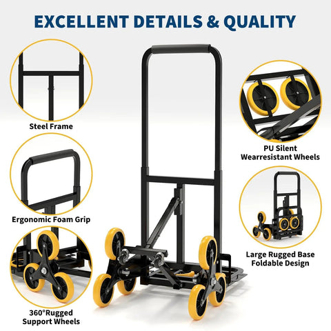 Heavy Duty Stair Climbing Cart Foldable Hand Truck With 6 Wheels For Moving Heavy Loads Up Stairs Without Straining Collapsible Design For Easy Storage In Trunk Or Closet Ready To Roll Anywhere., steel frame, foldable stair climbing cart with PU wheels and foam grip